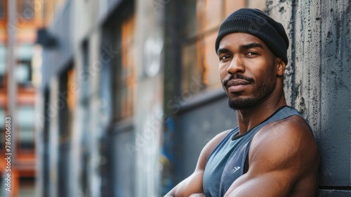A portrait of a man in activewear, showcasing athleisure fashion and fitness.