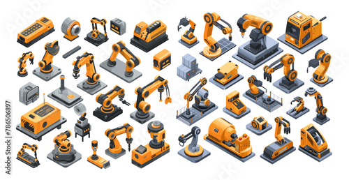 Conveyor manipulators isometry vector set. Robotic hands automatic factory production line heavy industry assembly illustrations isolated on white background