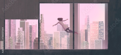Success, business, freedom and dream concept art. woman flying and the city. conceptual artwork. surreal illustration.