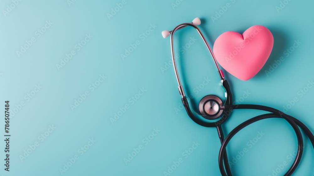 Fototapeta premium Stethoscope and Heart on Blue Background