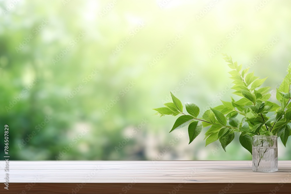Empty Wooden Table, Blurry Bokeh Green Natural Background. Autumn Spring Morning, Soft Light, Product Display, Ads Banner Empty Wooden Table, Blurry Bokeh Green Natural Background. Autumn Spring Morning, Soft Light, Product Display, Ads Banner
