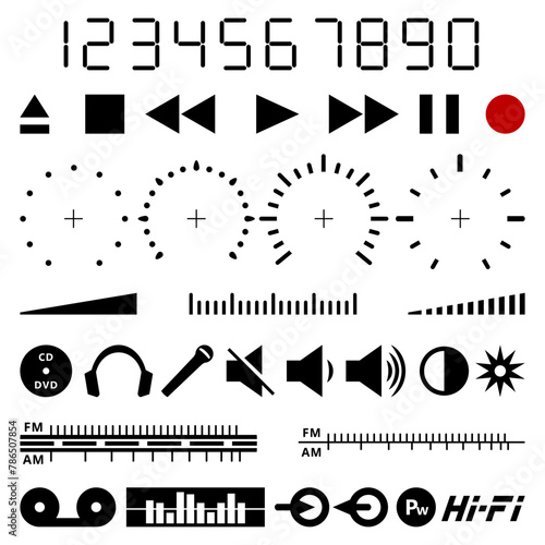 Audio, Video Icons and Graphic Elements. Set of stickers, decals, stencils isolated on white.