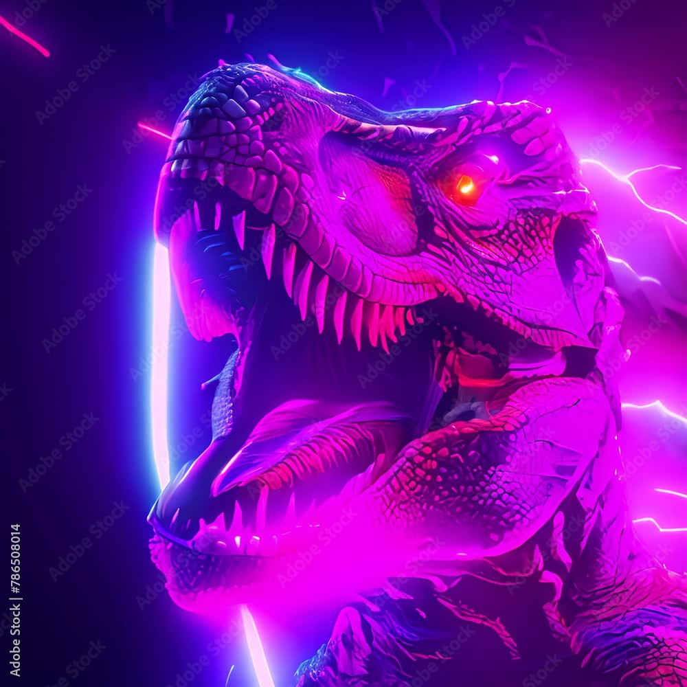 A neon illustration of a T-Rex dinosaur with glowing purple and blue accents. A neon illustration of a T-Rex dinosaur with glowing purple and blue accents.