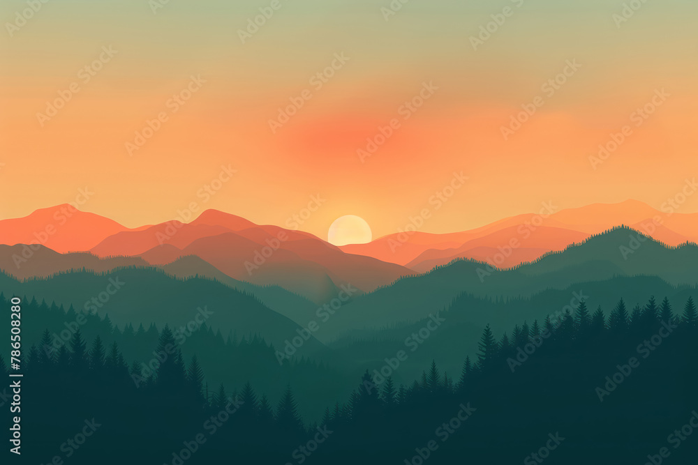 serene sunset over layered mountain landscape with forest silhouette