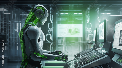 A sophisticated cybernetic robot with intricate green circuitry works meticulously at a control panel, embodying the fusion of advanced technology and human-like precision.