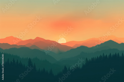 serene sunset over layered mountain landscape with forest silhouette photo