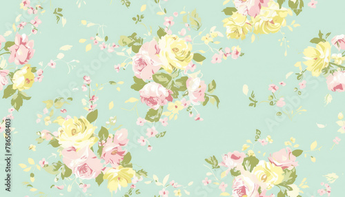 pastel floral pattern with soft green, yellow, and pink flowers for spring fabric design