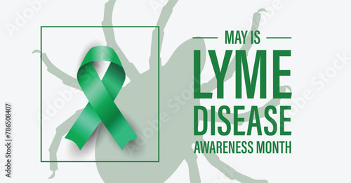 Lyme disease awareness month campaign banner. Green advocacy ribbon and tick silhouette.