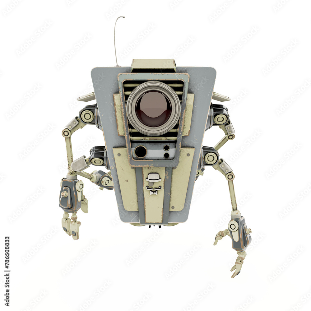 Naklejka premium four arms bot helper is talking and explaining