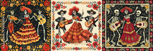 Dead day cartoon vector concepts. Dancing musical singing vocal skeletons guitar music instruments dress sombrero accessories, flower frame leaves elements national south american holiday