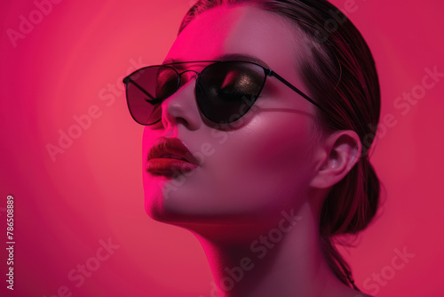 stylish woman in oversized sunglasses with reflective pink lighting for a modern fashion look