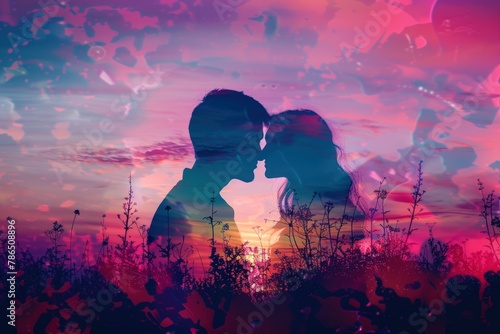 Silhouette of young couple in love kissing. Generate AI image