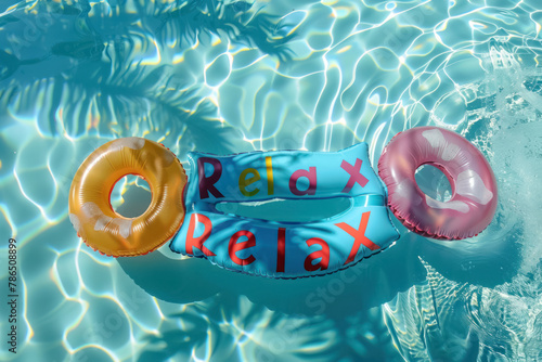 top view of the word relax spelled out with inflatable letters on the rippling water of a swimming pool