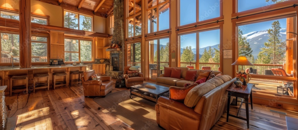Spacious floor plan with high ceilings and large windows maximizes mountain scenery. Spacious floor plan with high ceilings and large windows maximizes mountain scenery.