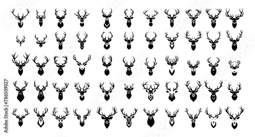 Deer black icons vector set. Heads horned artiodactyla forest inhabitants herbivores creatures minimalist design isolated on white background
