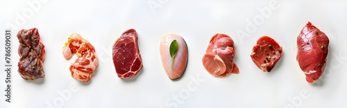 Set of raw different parts of beef such as Brisket, Ribeye, Round beef, Short Ribs, Brisket, Ribeye, Round beef, Short Ribs, New York Strip of beef, Flank, Sirloin isolated on transparent background . photo