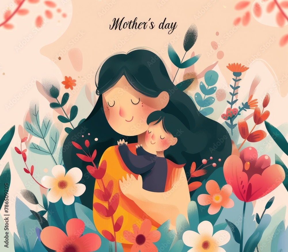 A woman is holding a child in a flowery background A woman is holding a child in a flowery background