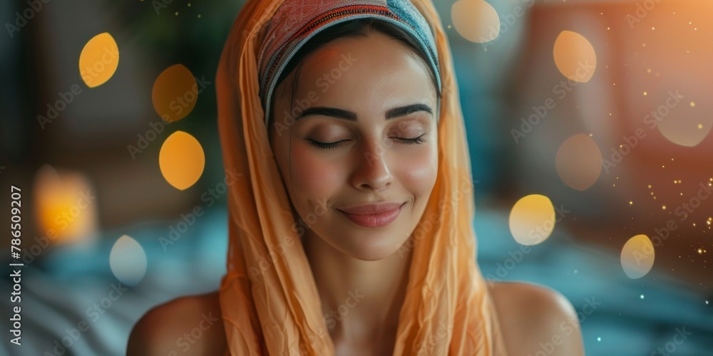 Close up portrait of charming sensual arab woman doing yoga, healthy life concept, professional photo, free space for text, banner, blurred saturated color background