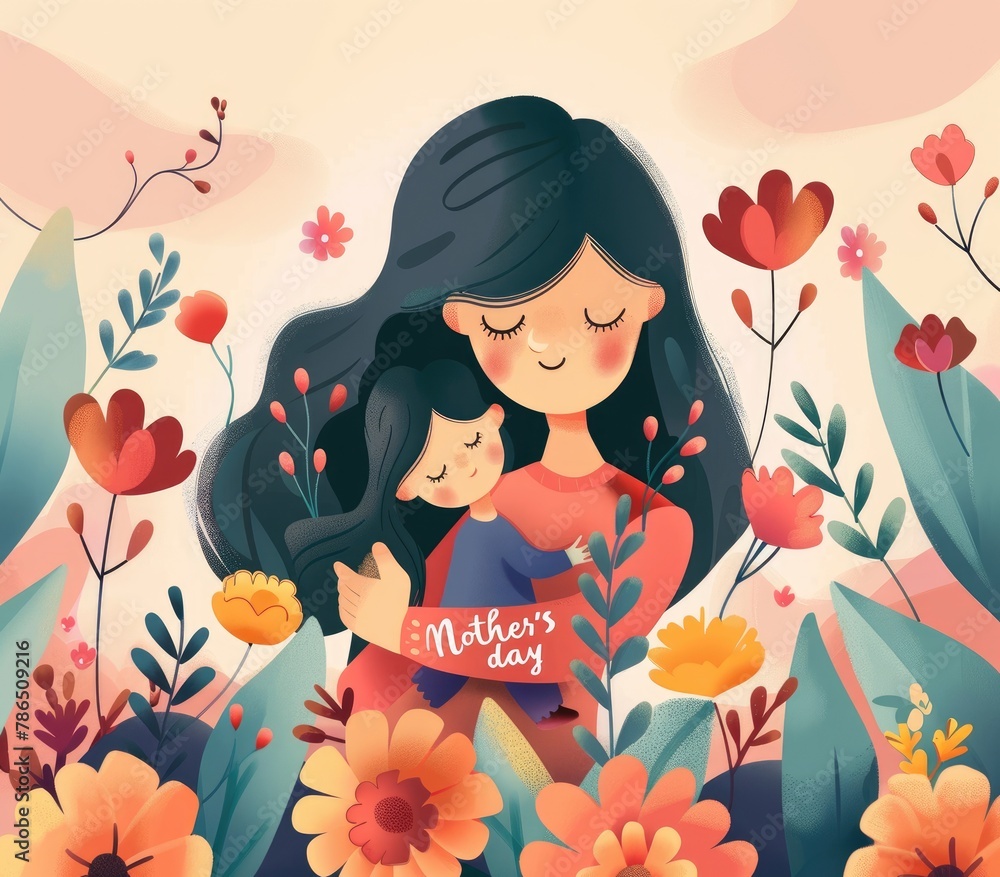 A woman is holding a child in a garden with flowers A woman is holding a child in a garden with flowers