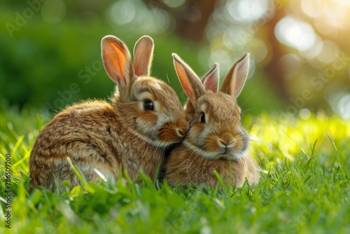 Two brown little rabbits on green grass