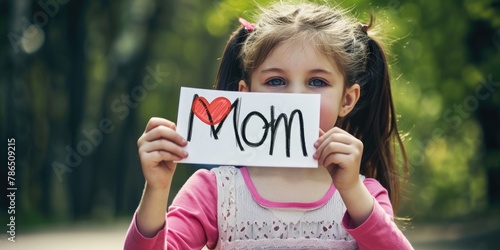 A young girl holds a piece of paper with the word "mom" written on it