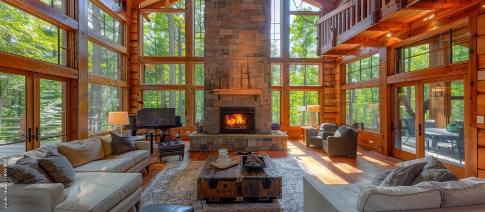 Stone fireplace anchors the living area, providing warmth and a focal point for gatherings. 