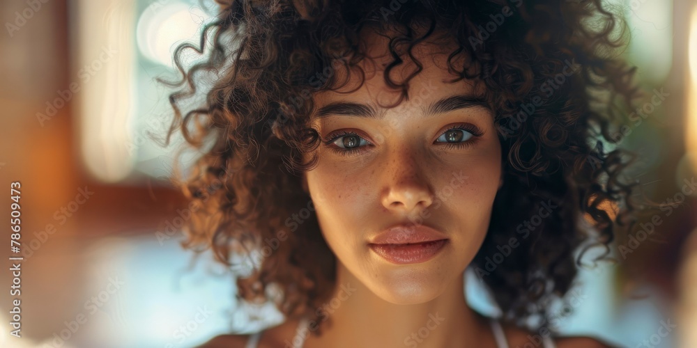 Close up portrait of charming sensual curly haired woman doing yoga, healthy life concept, professional photo, free space for text, banner, blurred saturated color background Close up portrait of charming sensual curly haired woman doing yoga, healthy life concept, professional photo, free space for text, banner, blurred saturated color background
