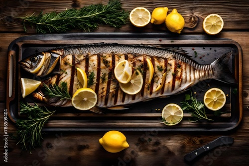 Fish on a grill Pan with lemons.