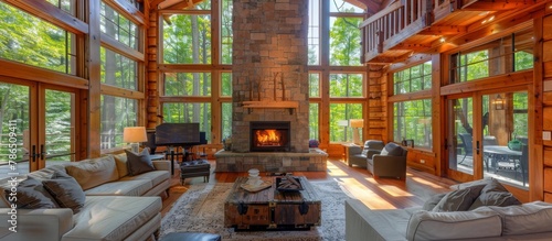 Stone fireplace anchors the living area, providing warmth and a focal point for gatherings. 