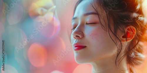 Close up portrait of charming sensual chinese woman doing yoga, healthy life concept, professional photo, free space for text, banner, blurred saturated color background