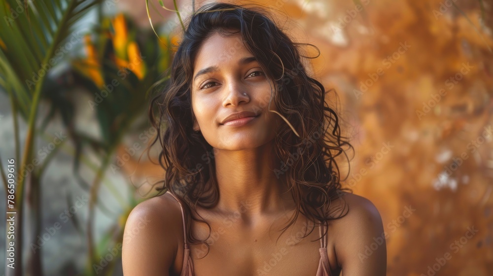 Close up portrait of charming sensual indian woman doing yoga, healthy life concept, professional photo, free space for text, banner, blurred saturated color background Close up portrait of charming sensual indian woman doing yoga, healthy life concept, professional photo, free space for text, banner, blurred saturated color background