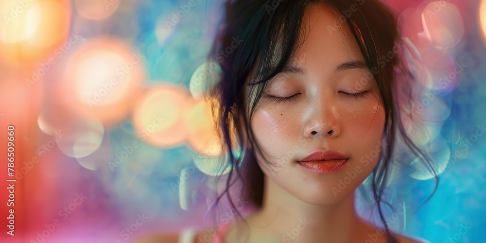 Close up portrait of charming sensual japan woman doing yoga, healthy life concept, professional photo, free space for text, banner, blurred saturated color background Close up portrait of charming sensual japan woman doing yoga, healthy life concept, professional photo, free space for text, banner, blurred saturated color background
