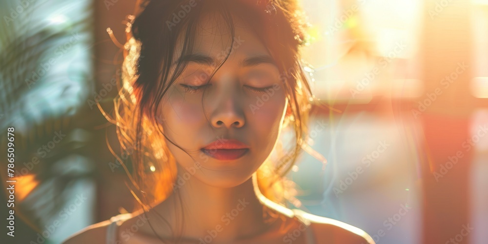 Close up portrait of charming sensual japan woman doing yoga, healthy life concept, professional photo, free space for text, banner, blurred saturated color background Close up portrait of charming sensual japan woman doing yoga, healthy life concept, professional photo, free space for text, banner, blurred saturated color background
