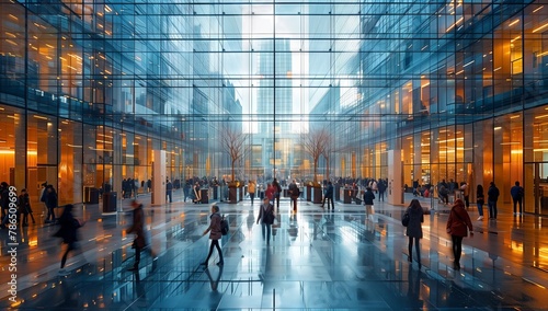 A group of people are leisurely strolling through a vast glass building in the city, admiring the electric blue facade and fixtures on display