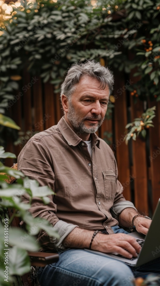 Middle-aged man with pleasant appearance working with laptop at home outdoors in garden, home office, online work, happy, freelance Middle-aged man with pleasant appearance working with laptop at home outdoors in garden, home office, online work, happy, freelance