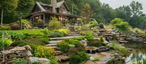 Tranquil gardens and landscaped grounds enhance the serene atmosphere of the luxury mountain cabin.