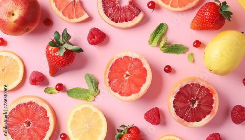 colorful summer fruit assortment flat lay on pink background