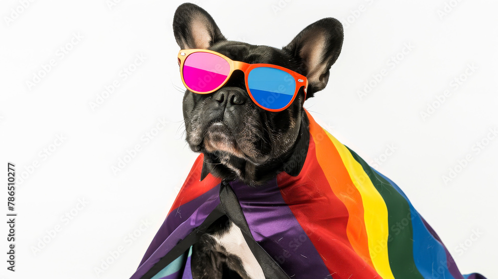 Rainbow-Clad French Bulldog with Sunglasses and Cape Rainbow-Clad French Bulldog with Sunglasses and Cape
