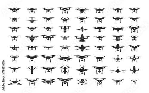 Drones icons vector set. Unmanned quadcopter modern controlled aircraft minimalist monochrome silhouettes isolated on white background