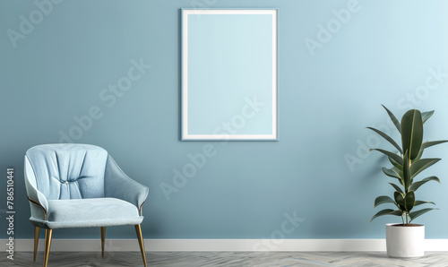 minimalistic living room interior with sof blue armchair and framed art on wall