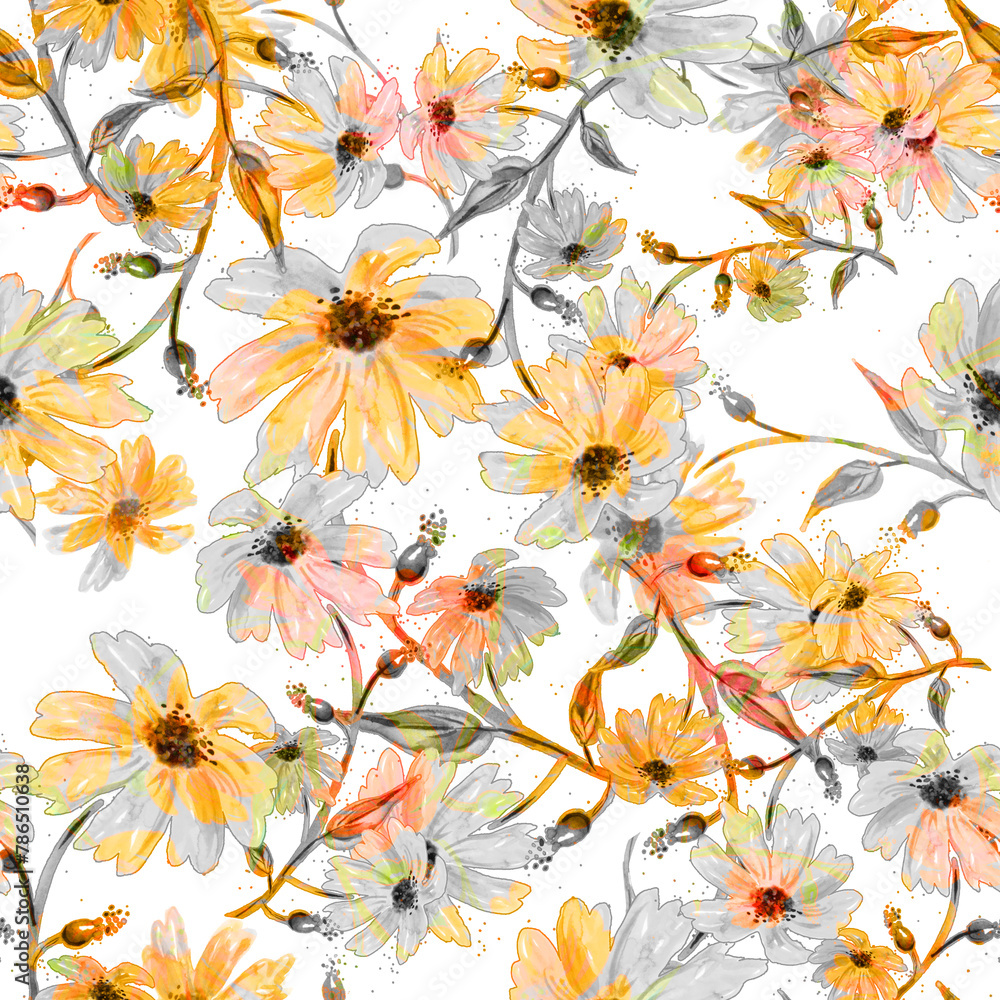 Fototapeta premium seamless watercolor pattern of plants. Herbs, flowers, chamomile, flowers watercolor. abstract splash of paint. flowers sunflower, leaves, calendula.drawing of calendula, marigolds.pastel drawing