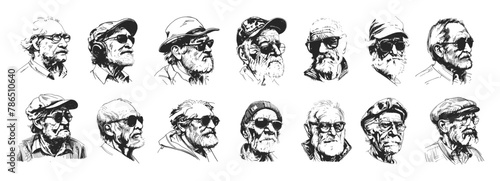 Elderly man avatars pencil sketch vector set. Old person people portraits beard mustache glasses hat shirts jacket accessories characters, illustrations isolated on white background