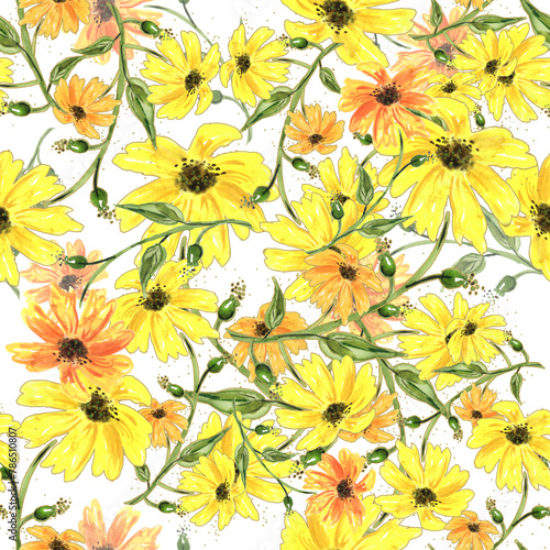 seamless watercolor pattern of plants. Herbs  flowers  chamomile  flowers watercolor. abstract splash of paint. flowers sunflower  leaves  calendula.drawing of calendula  marigolds.pastel drawing