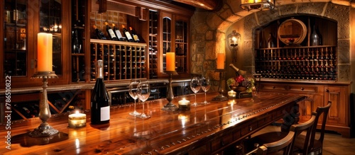 Wine cellar or bar stocked with fine wines and spirits offers a refined dining experience. 