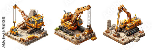 Excavator crane isometric vector concepts. Heavy yellow tracked caterpillar machinery equipment land surface fragments construction illustrations isolated on white background