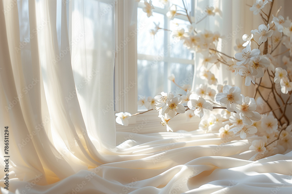 Romantic white window scene with white wavy curtain and branch with white flowers. A view from the inside. A symbol of optimism. Minimal spring concept.