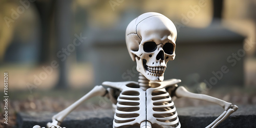 skeleton, looking_at_viewer, blurry, outdoors, solo, sitting, 1boy, skull, male_focus photo