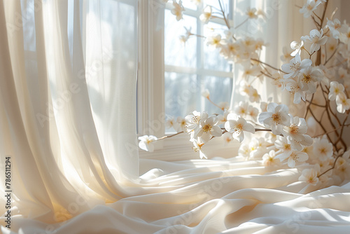Romantic white window scene with white wavy curtain and branch with white flowers. A view from the inside. A symbol of optimism. Minimal spring concept.