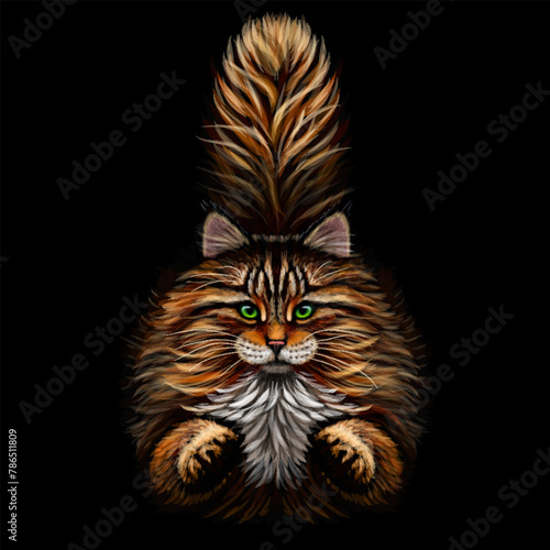 A graphic, color image of a running fluffy cat on a black background. 
