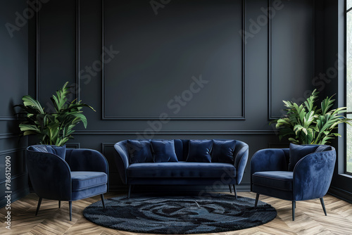sophisticated dark living room with blue velvet furniture and indoor plants
